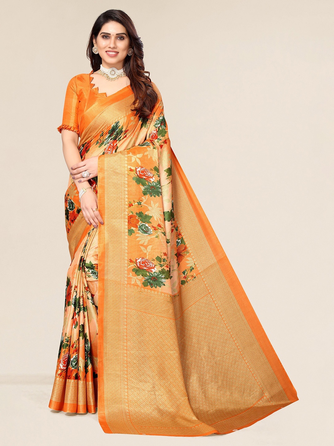 

Winza Designer Orange & Red Floral Zari Mysore Silk Saree