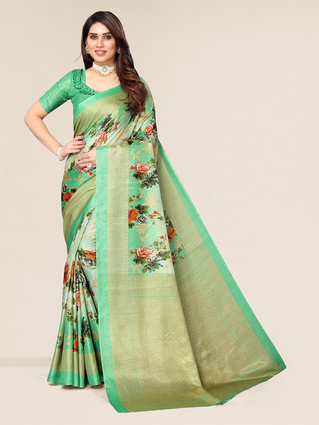 

Winza Designer Green & Gold-Toned Floral Zari Silk Cotton Mysore Silk Saree