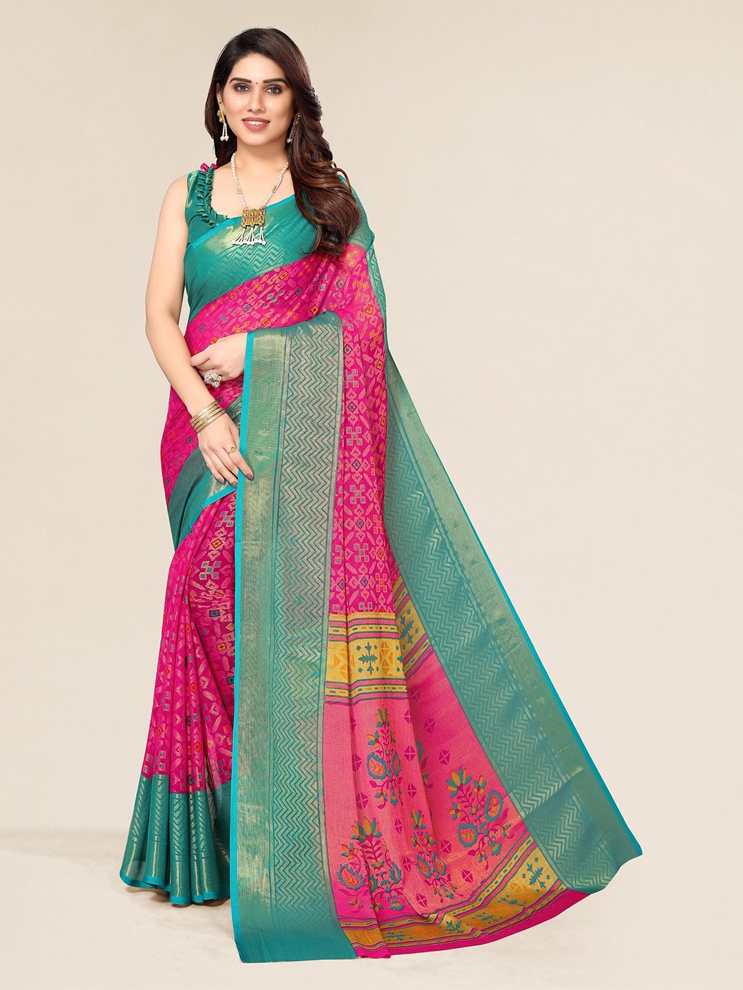 

Winza Designer Pink & Pink Ethnic Motifs Zari Brasso Fusion Bhagalpuri Saree