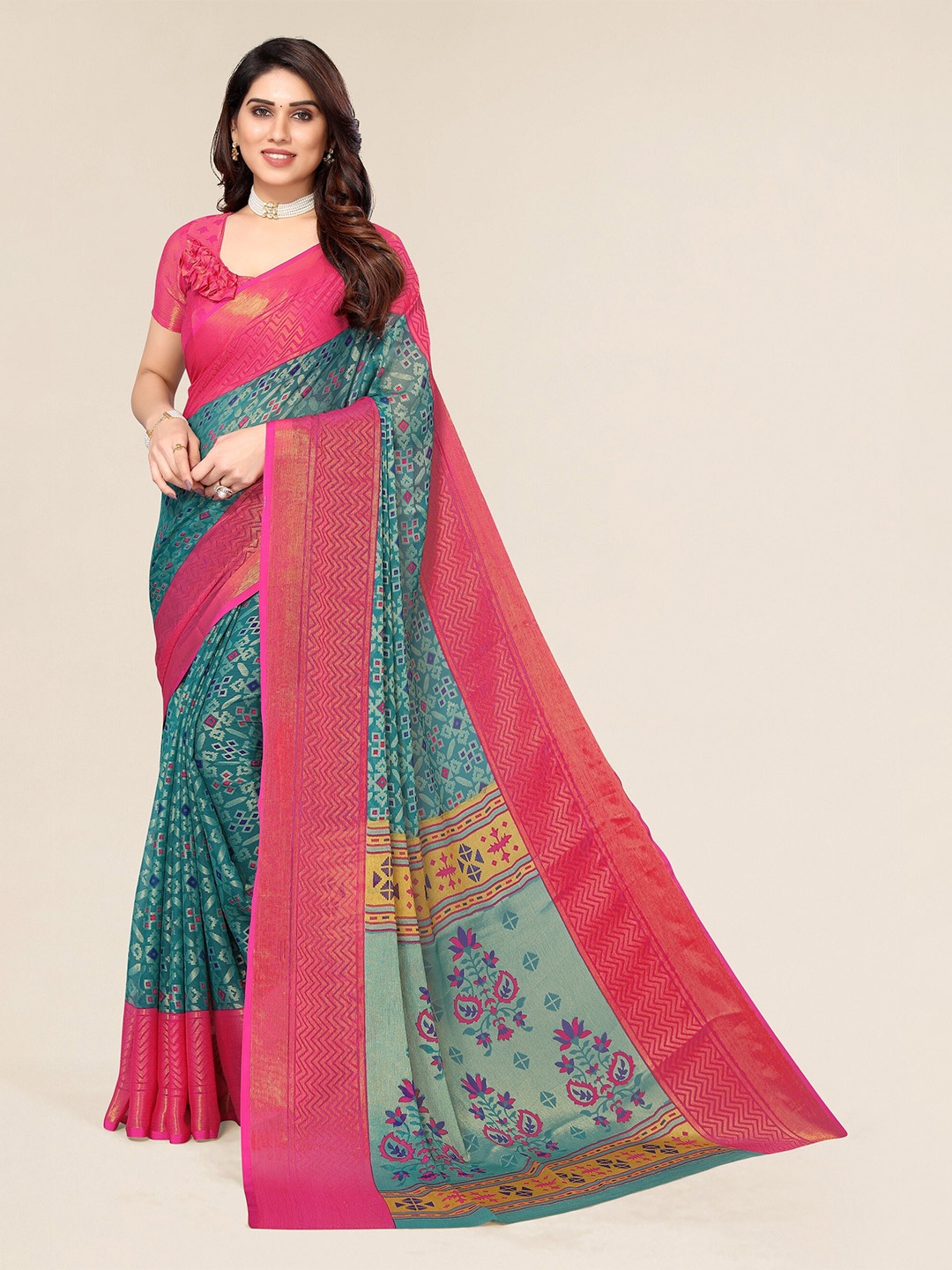 

Winza Designer Teal & Gold-Toned Ethnic Motifs Zari Brasso Bhagalpuri Saree