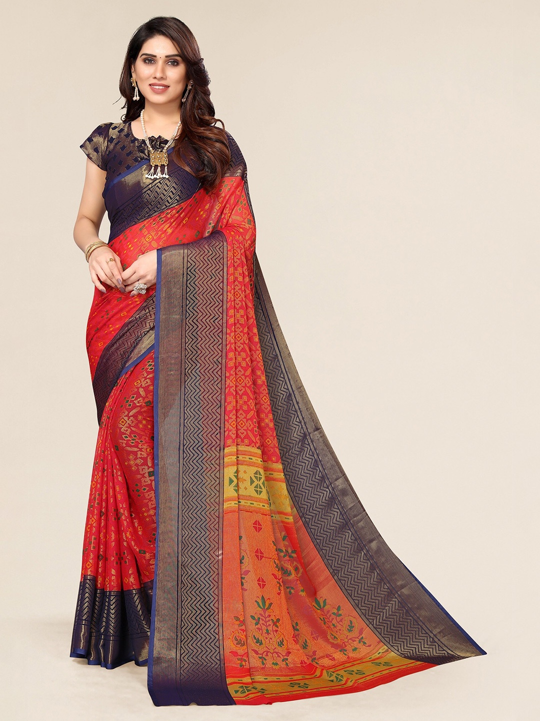 

Winza Designer Red & Navy Blue Ethnic Motifs Zari Brasso Bhagalpuri Saree