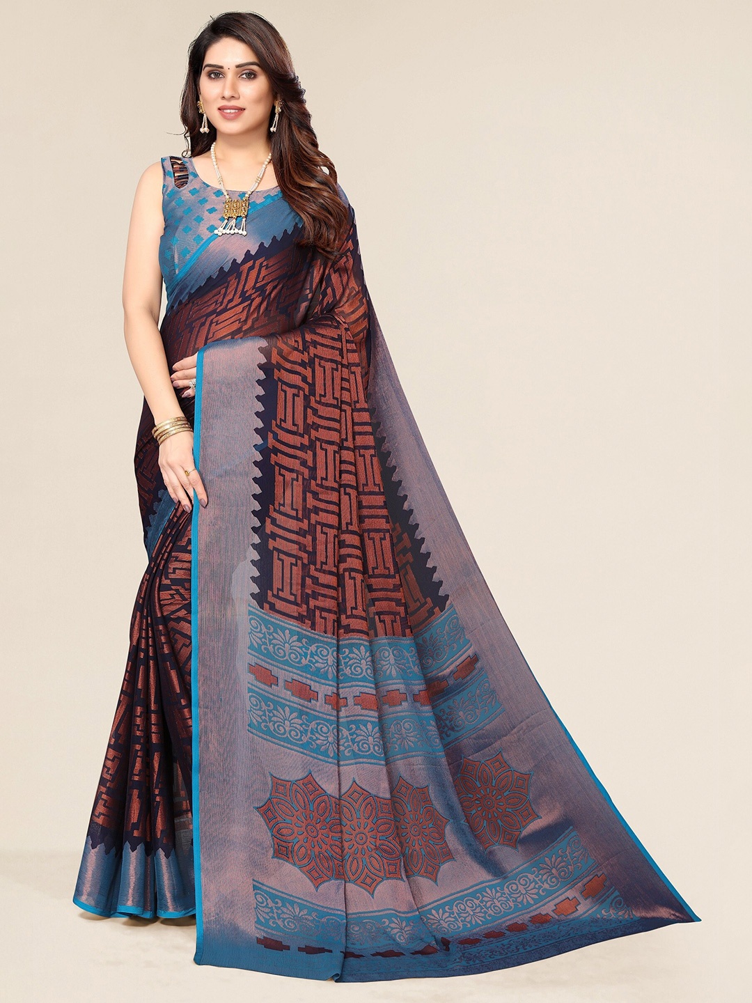 

Winza Designer Navy Blue & Gold-Toned Ethnic Motifs Brasso Bhagalpuri Saree