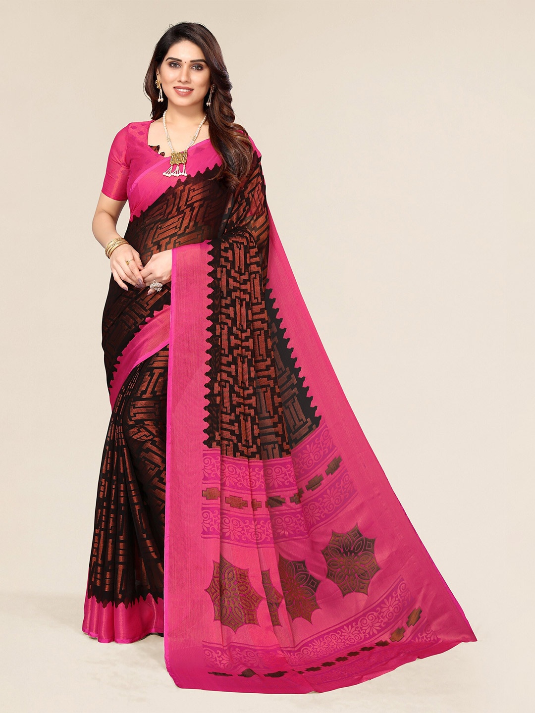 

Winza Designer Black & Pink Floral Zari Brasso Bhagalpuri Saree