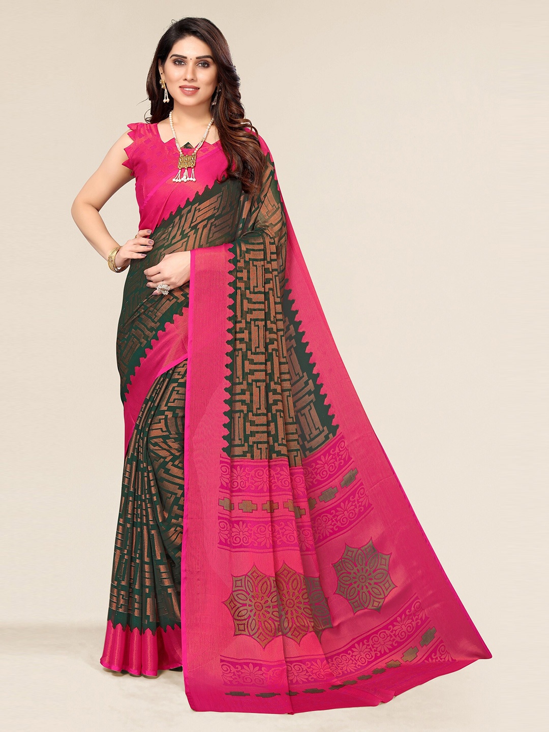 

Winza Designer Green & Pink Zari Brasso Bhagalpuri Saree