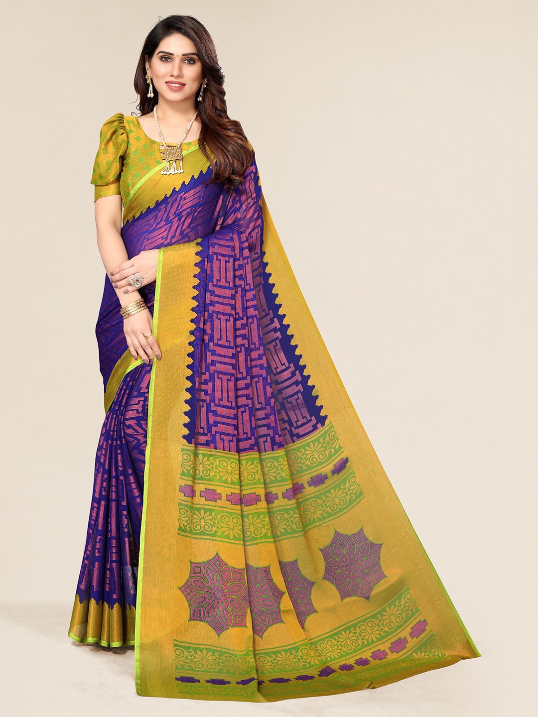 

Winza Designer Blue & Green Floral Zari Brasso Fusion Bhagalpuri Saree