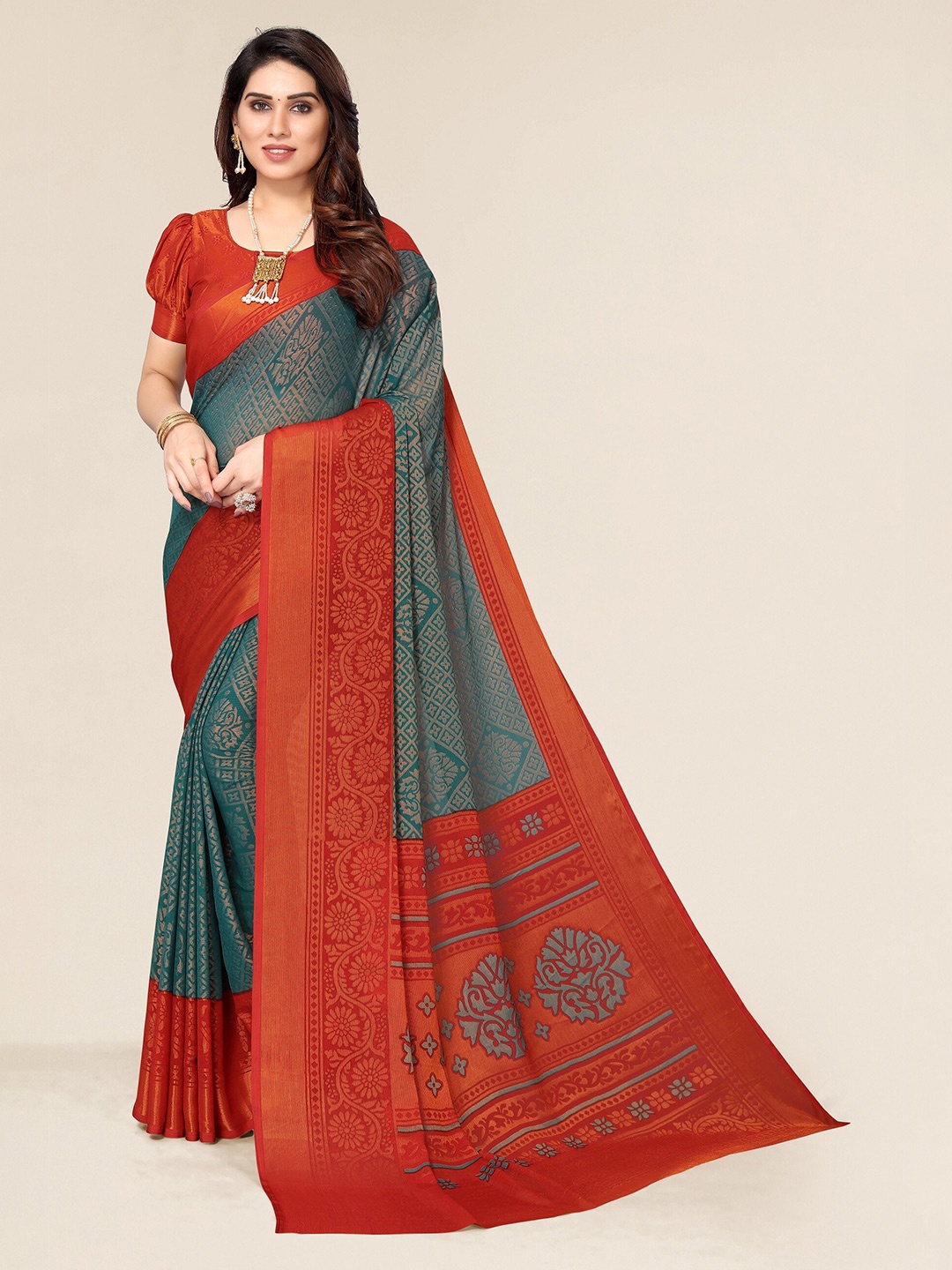 

Winza Designer Teal & Red Ethnic Motifs Zari Brasso Bhagalpuri Saree