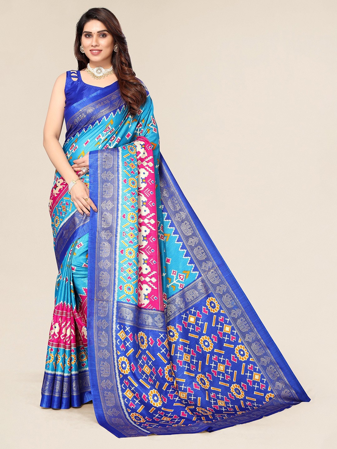 

Winza Designer Turquoise Blue & Navy Blue Ethnic Motifs Printed Silk Cotton Saree