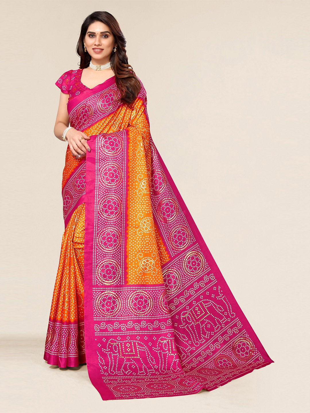 

Winza Designer Orange & Pink Bandhani Silk Cotton Mysore Silk Saree