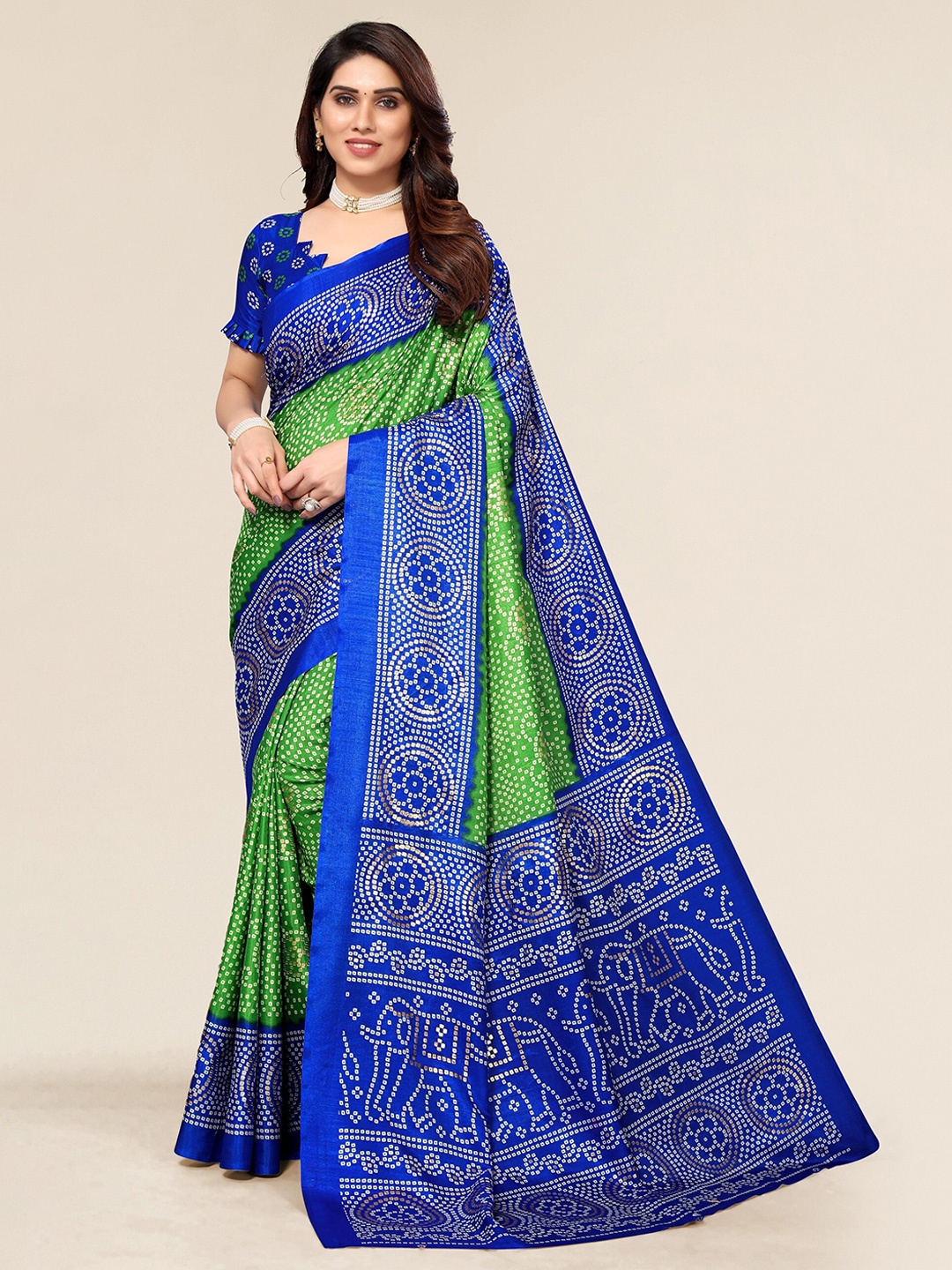 

Winza Designer Green & Blue Bandhani Silk Cotton Mysore Silk Saree