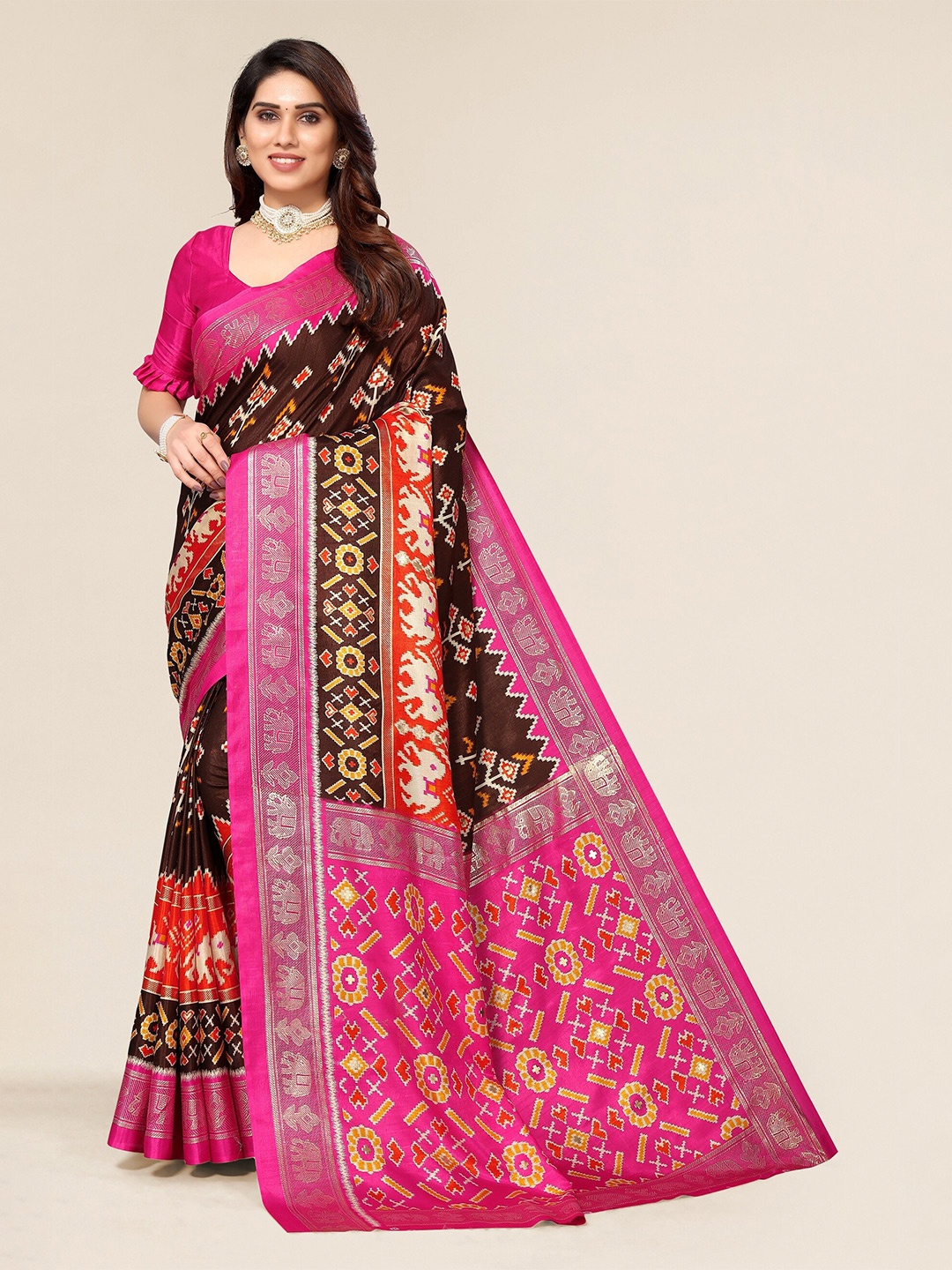 

Winza Designer Brown & Gold-Toned Ethnic Motifs Zari Silk Cotton Mysore Silk Saree