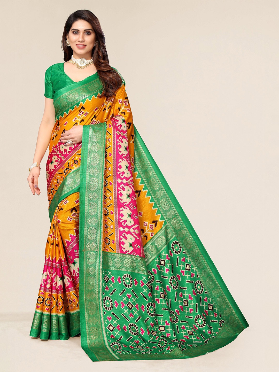 

Winza Designer Mustard & Green Ethnic Motifs Zari Silk Cotton Fusion Mysore Silk Saree