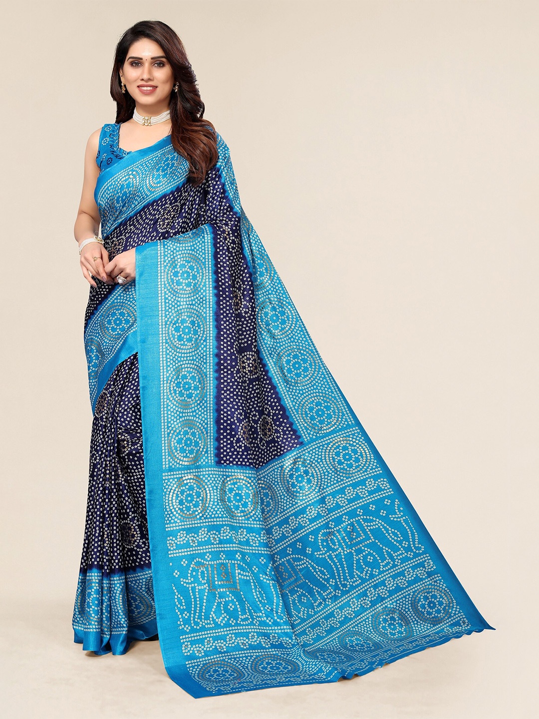 

Winza Designer Navy Blue & Blue Bandhani Silk Cotton Mysore Silk Saree