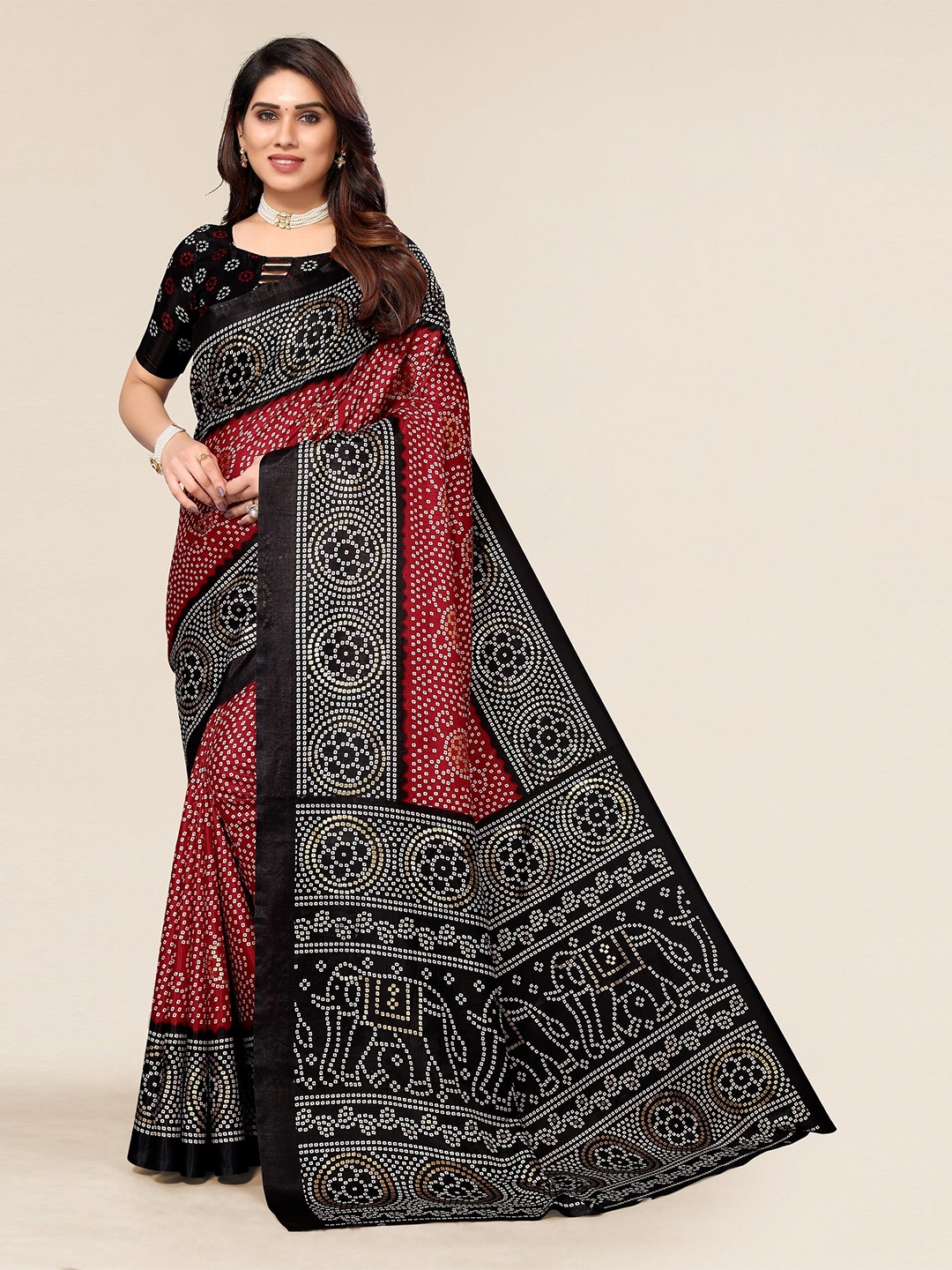

Winza Designer Maroon & Black Bandhani Silk Cotton Fusion Mysore Silk Saree