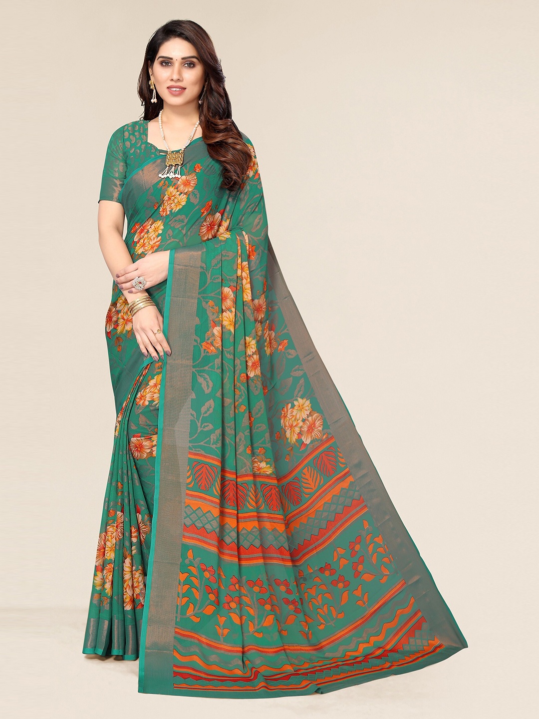 

Winza Designer Green & Orange Floral Zari Brasso Fusion Bhagalpuri Saree