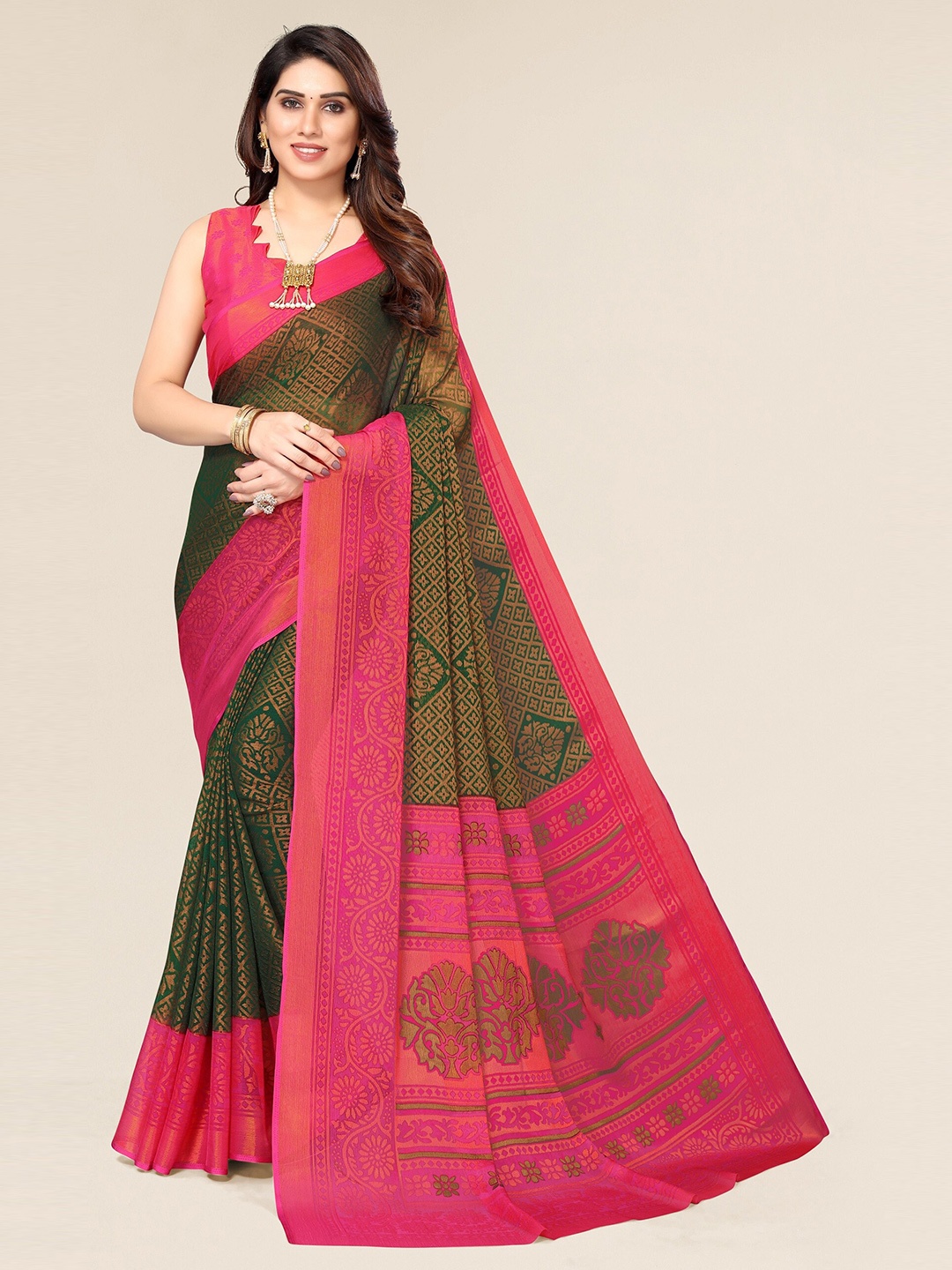 

Winza Designer Green & Pink Ethnic Motifs Brasso Bhagalpuri Saree