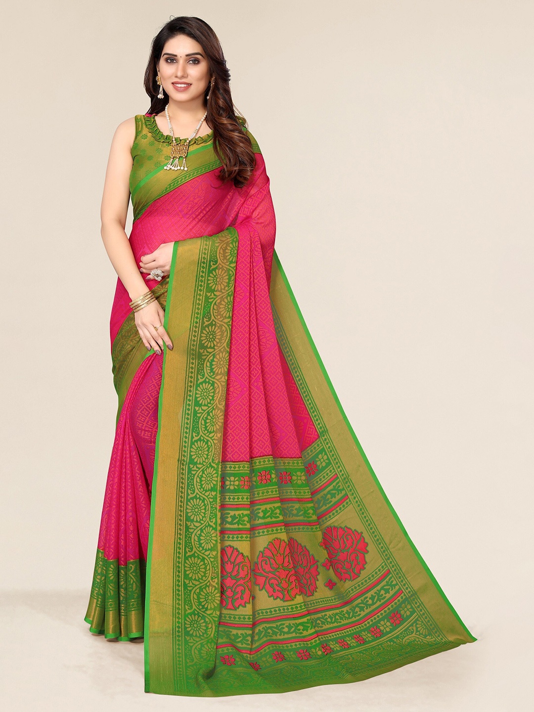 

Winza Designer Pink & Green Ethnic Motifs Zari Brasso Bhagalpuri Saree