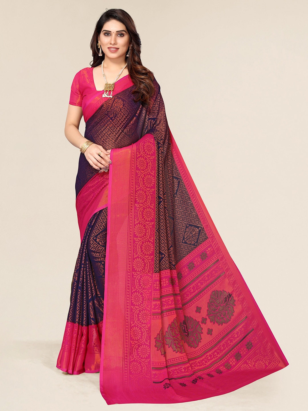

Winza Designer Navy Blue & Gold-Toned Ethnic Motifs Zari Brasso Fusion Bhagalpuri Saree
