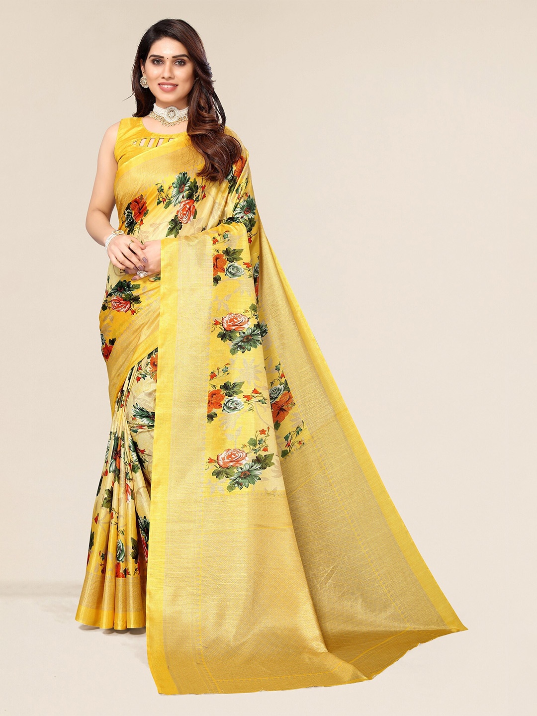 

Winza Designer Yellow & Green Floral Zari Silk Cotton Mysore Silk Saree