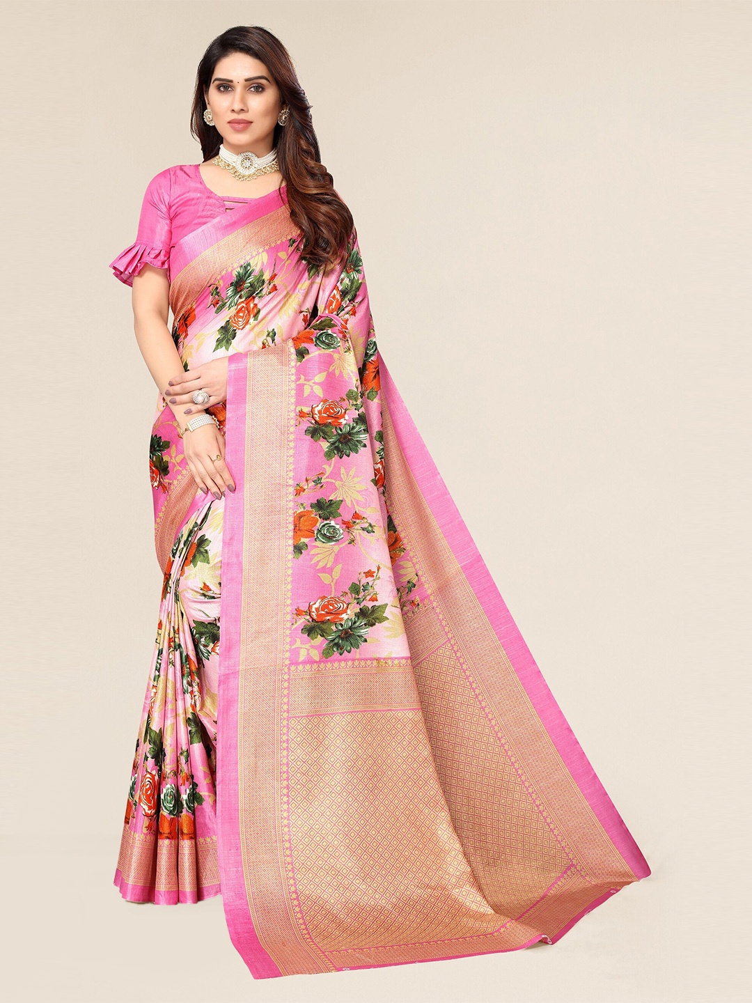 

Winza Designer Pink & Green Floral Zari Silk Cotton Mysore Silk Saree