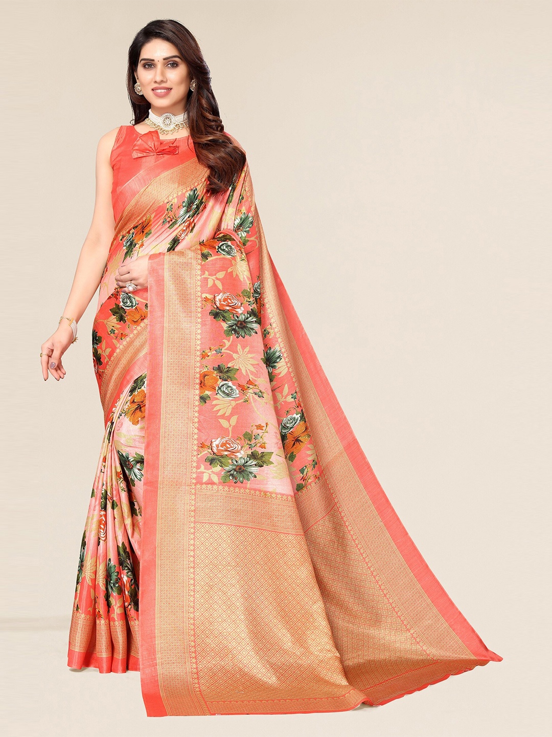 

Winza Designer Peach & Gold Floral Printed Zari Silk Cotton Mysore Silk Saree