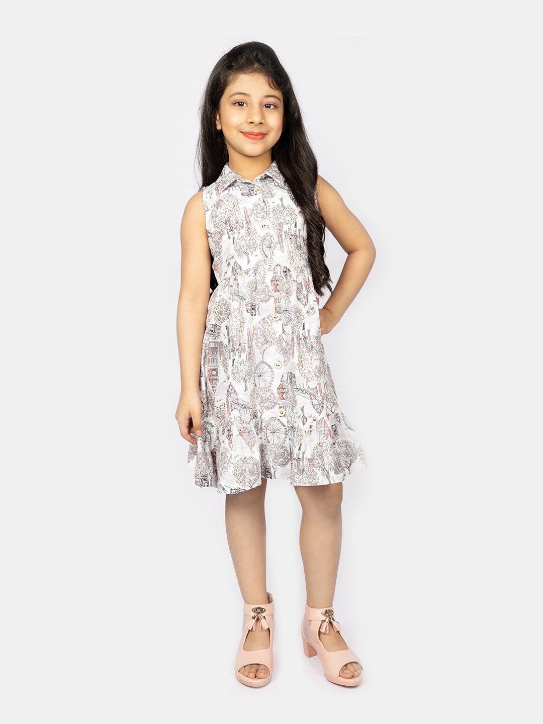 

Peppermint Girls Off White & Grey Pure Cotton Shirt Dress