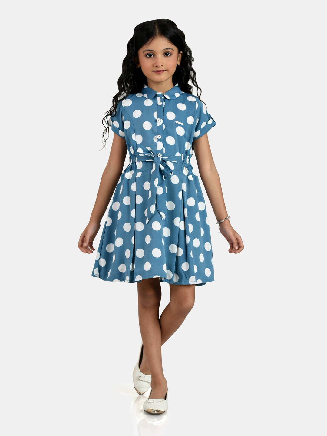 

Peppermint Girls Blue & White Polka Dots Printed Peter Pan Collar A-Line Dress