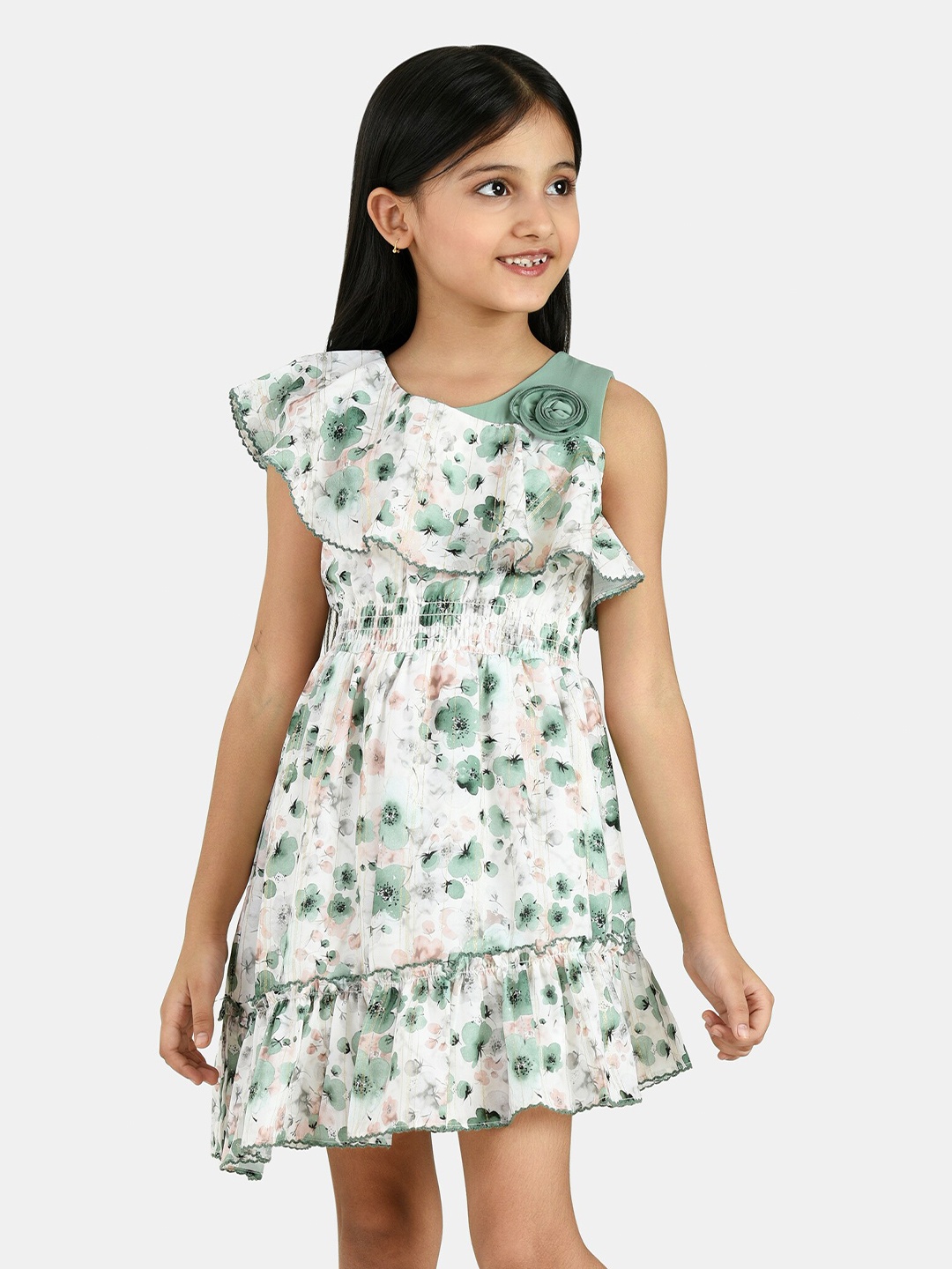 

Peppermint Girls Green & White Floral Cotton A-Line Dress