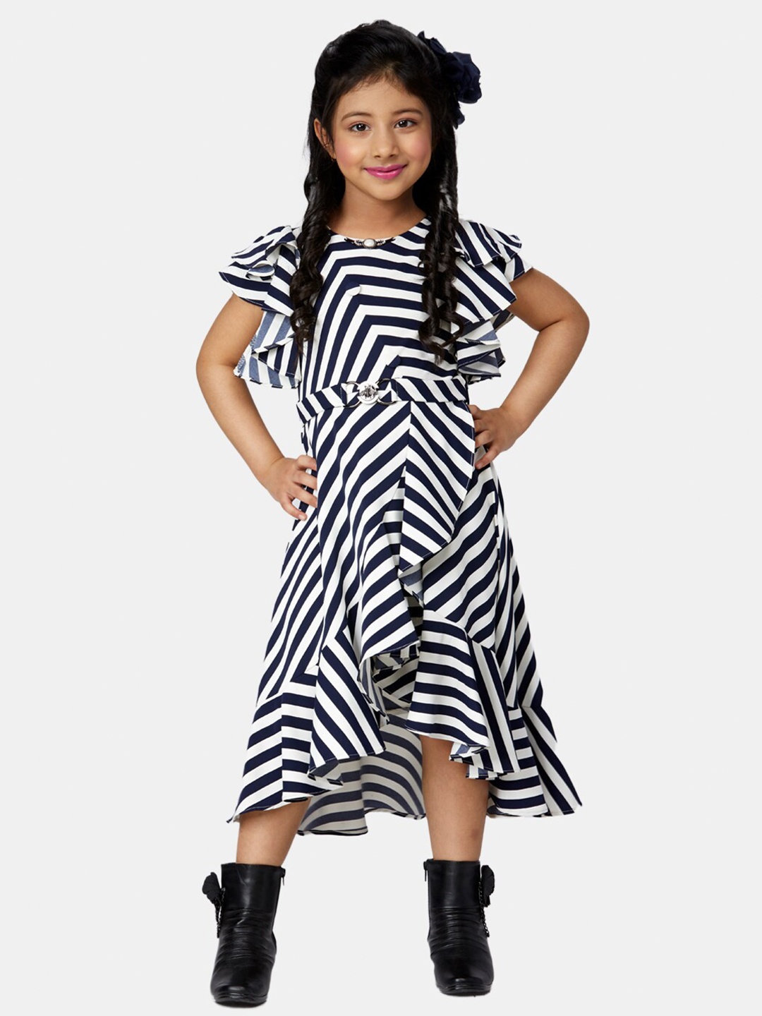 

Peppermint Navy Blue & White Striped Chiffon Midi Dress