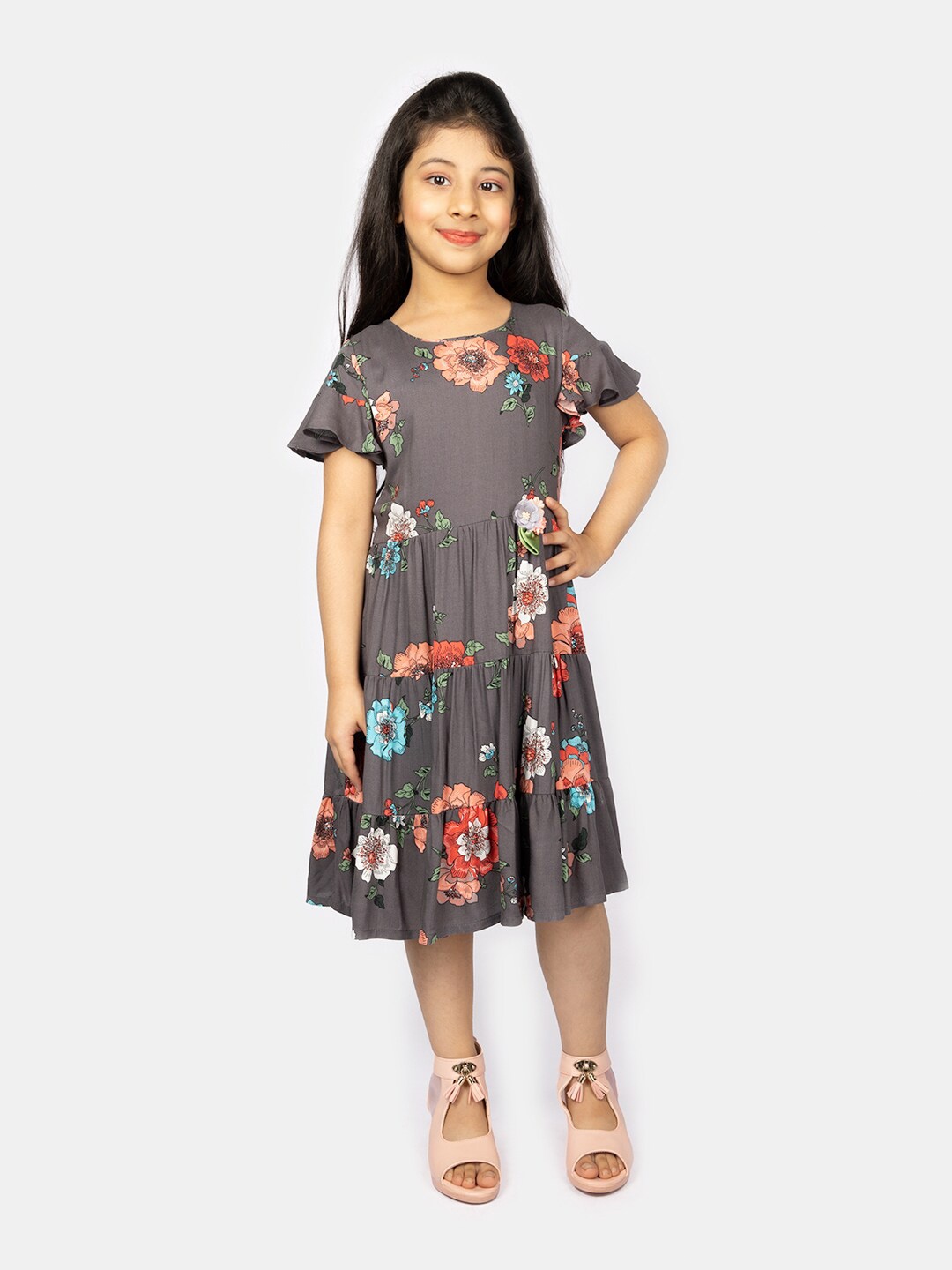 

Peppermint Girls Grey & Peach-Coloured Floral Printed Midi Dress