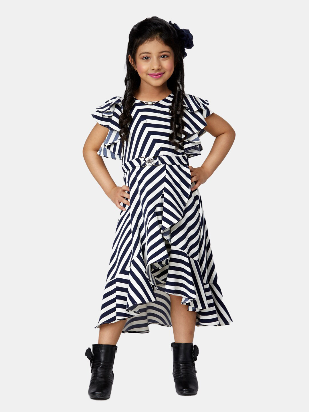 

Peppermint Navy Blue Striped Chiffon Midi Dress