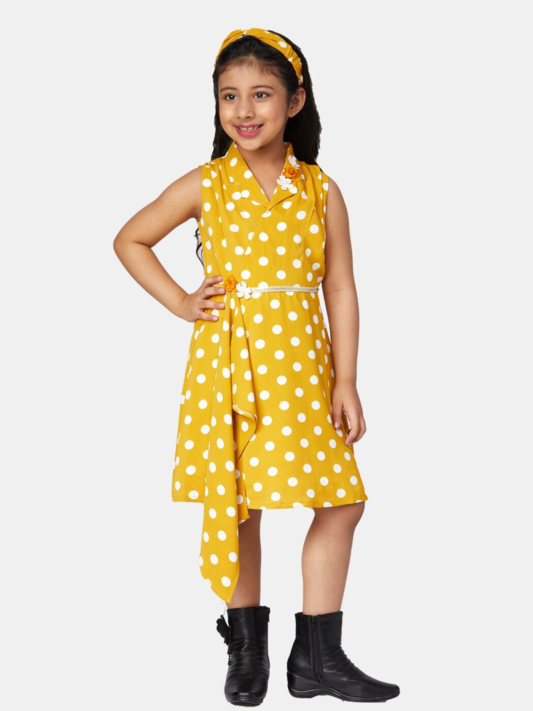 

Peppermint Girls Mustard Yellow Polka Dots Printed Wrap Dress