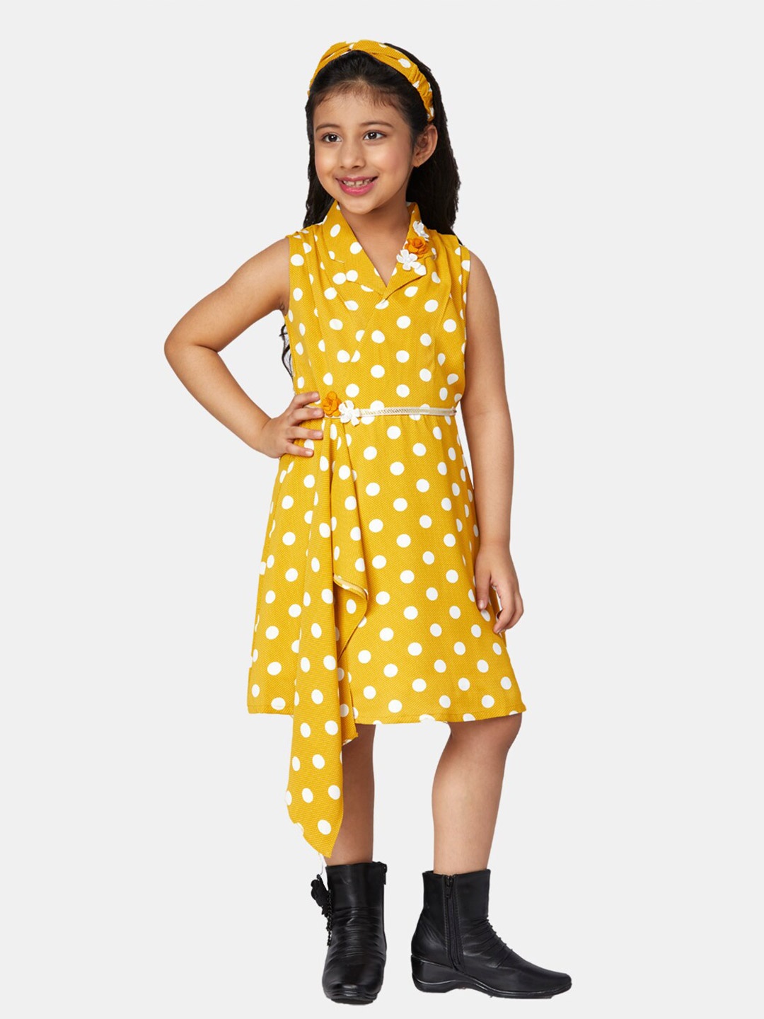 

Peppermint Girls Mustard Yellow Polka Dots Printed Wrap Dress