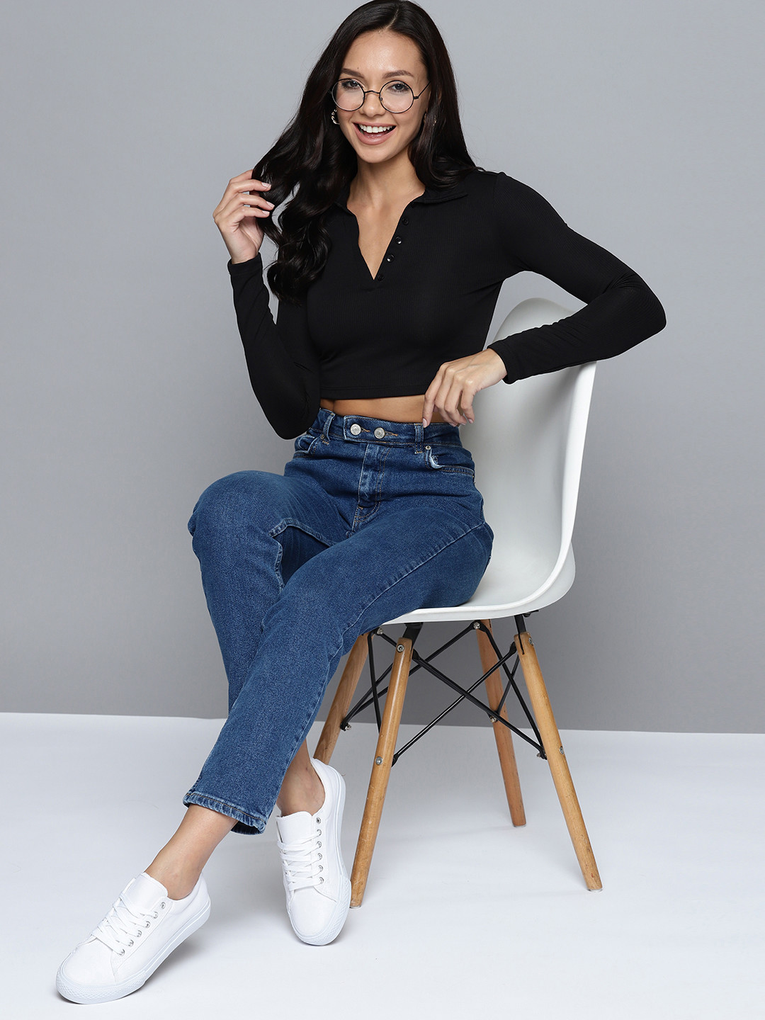 

Mast & Harbour Fitted Shirt Style Crop Top, Black
