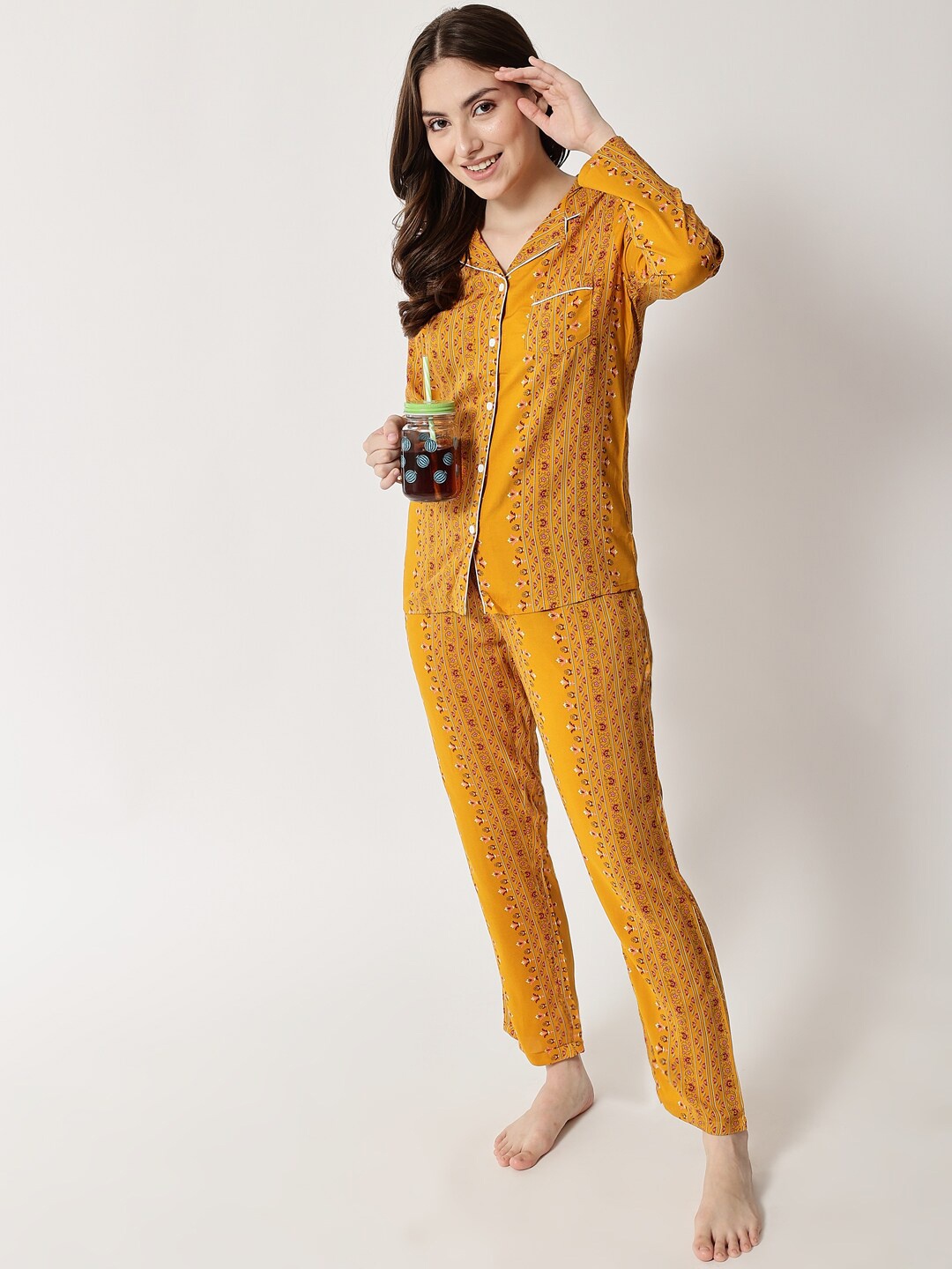 

HERE&NOW Women Yellow & Red Printed Night suit