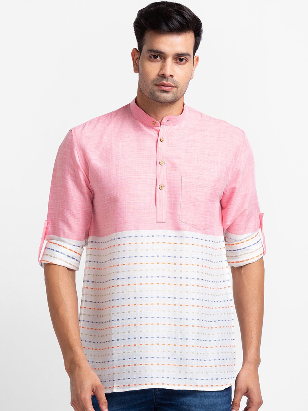 

SARVAMOHAN Men Pink Striped Thread Work Kurta