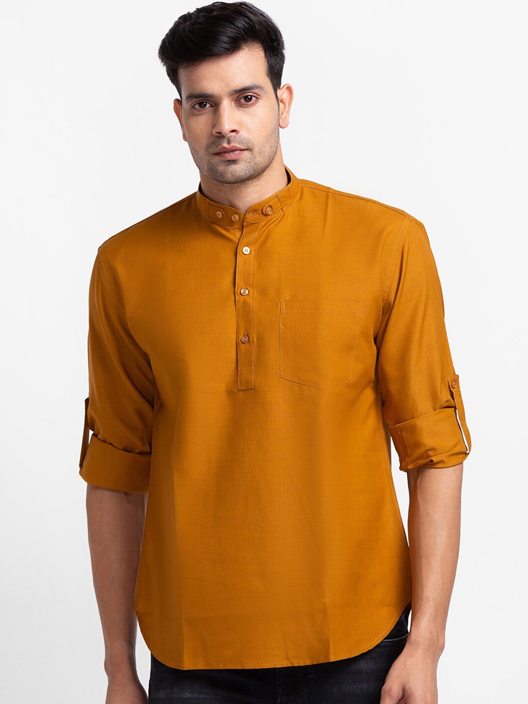 

SARVAMOHAN Men Mustard Yellow Mandarin Collar Roll Up Sleeves Casual Shirt