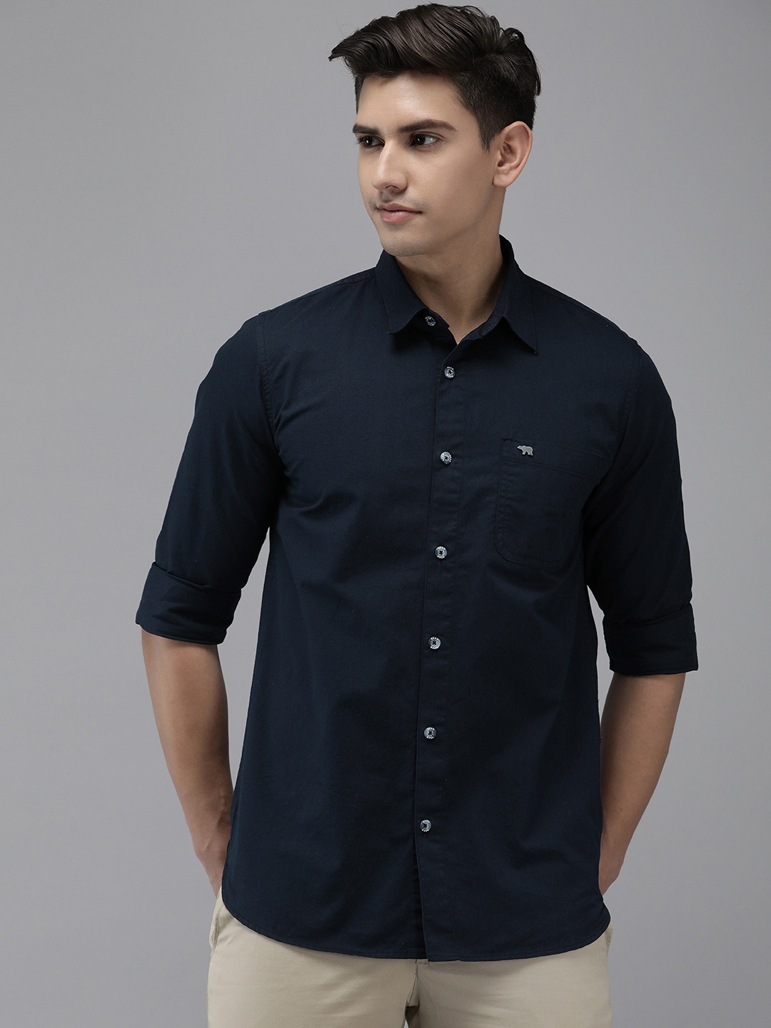 

THE BEAR HOUSE Men Slim Fit Twill Cotton Casual Shirt, Navy blue