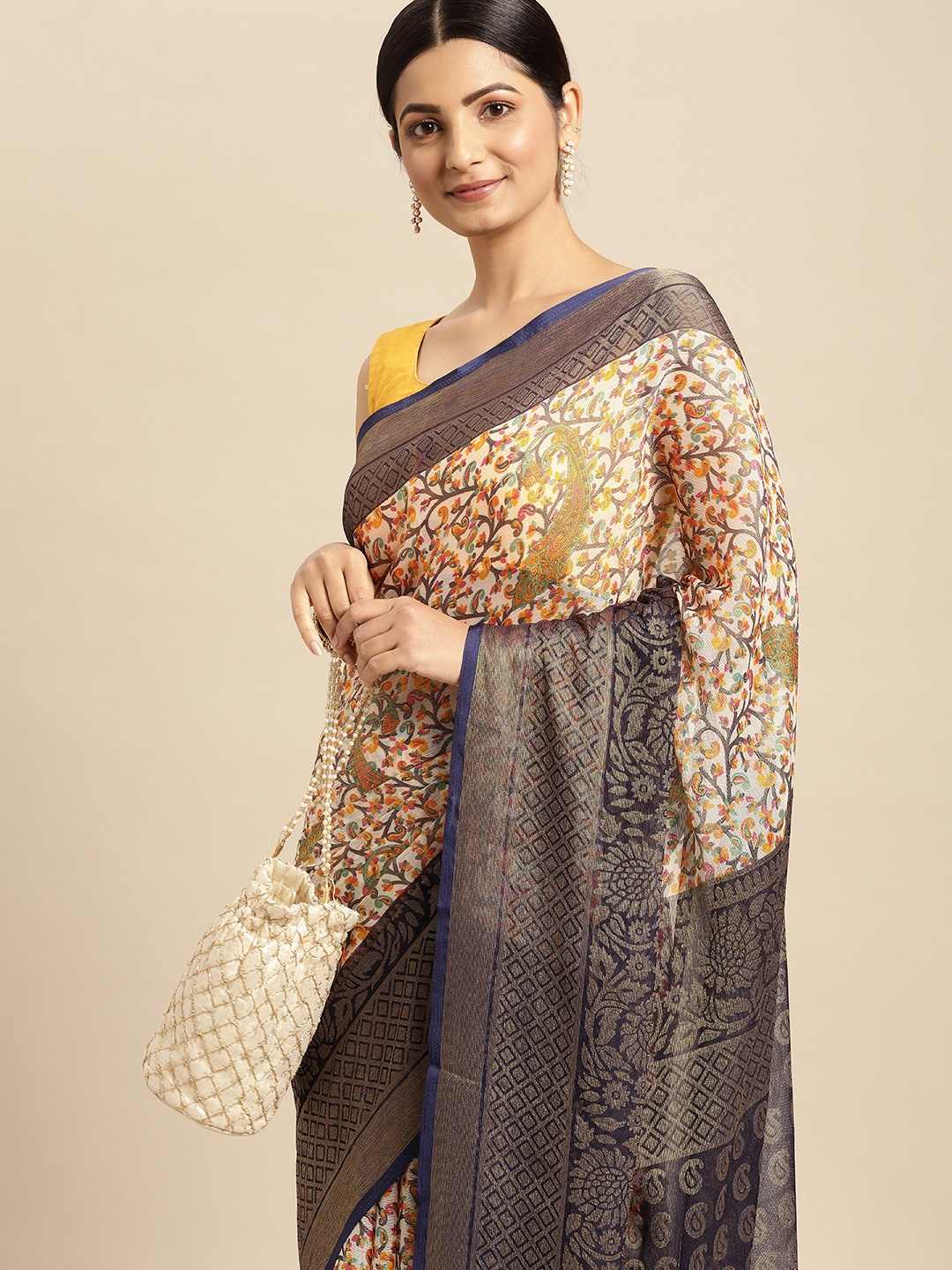 

RACHNA Cream-Coloured & Yellow Floral Print Brasso Saree