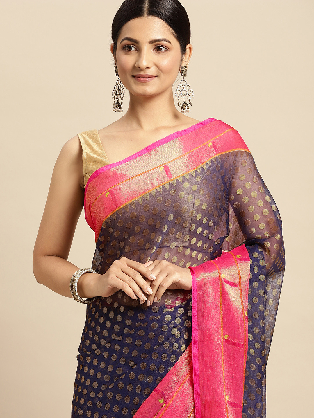 

RACHNA Navy Blue & Golden Woven Design Brasso Saree