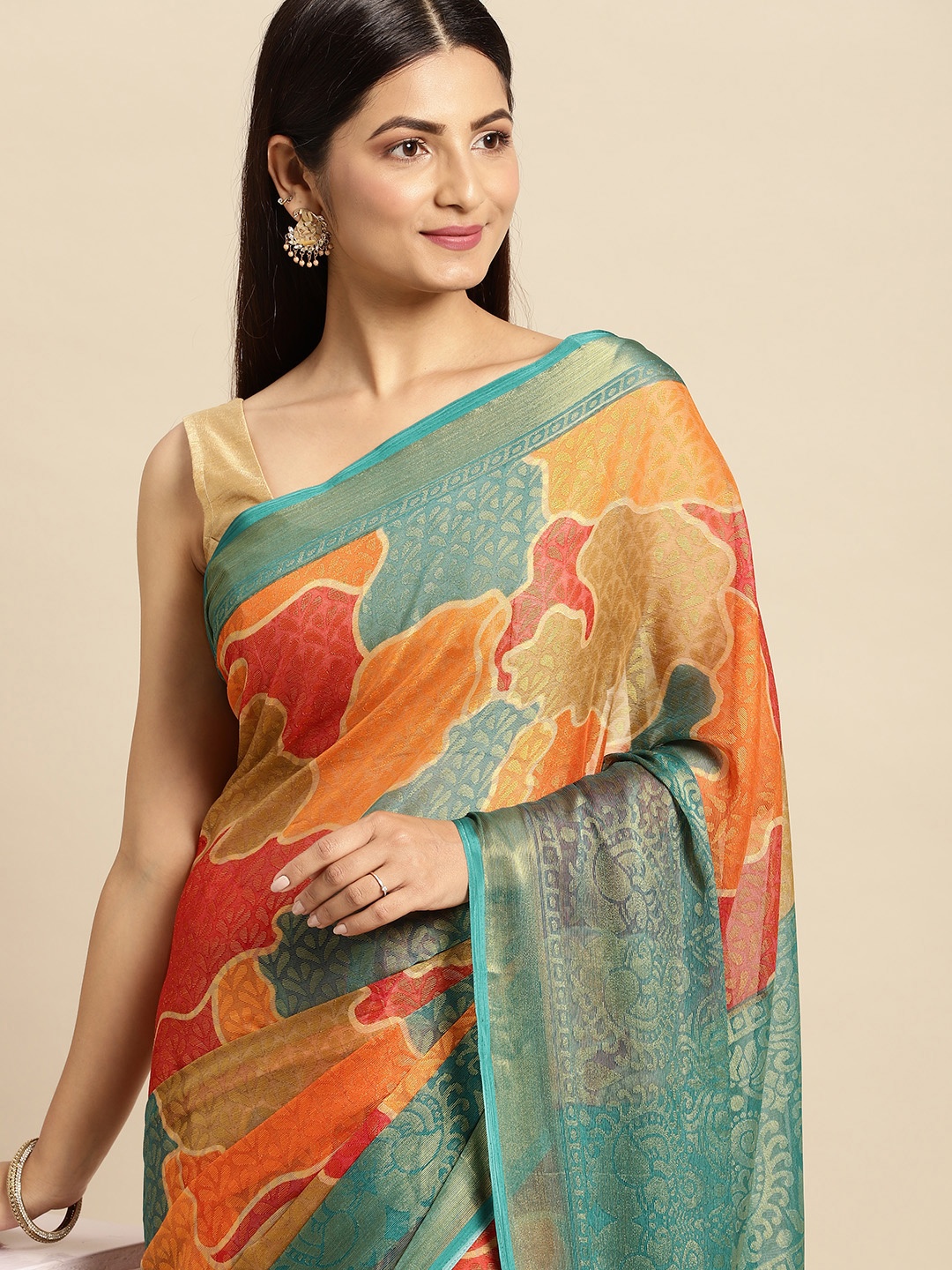 

RACHNA Orange & Blue Brasso Floral Print Saree