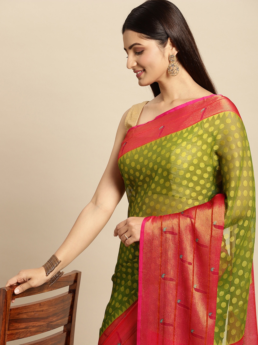 

RACHNA Green & Yellow Printed Brasso Saree