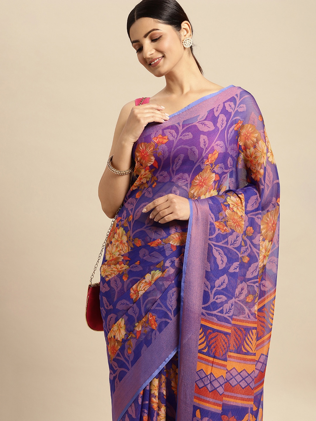 

RACHNA Blue & Peach-Coloured Floral Print Brasso Saree
