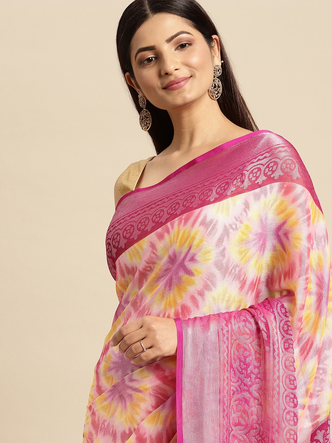 

RACHNA Cream-Coloured & Purple Floral Print Brasso Saree