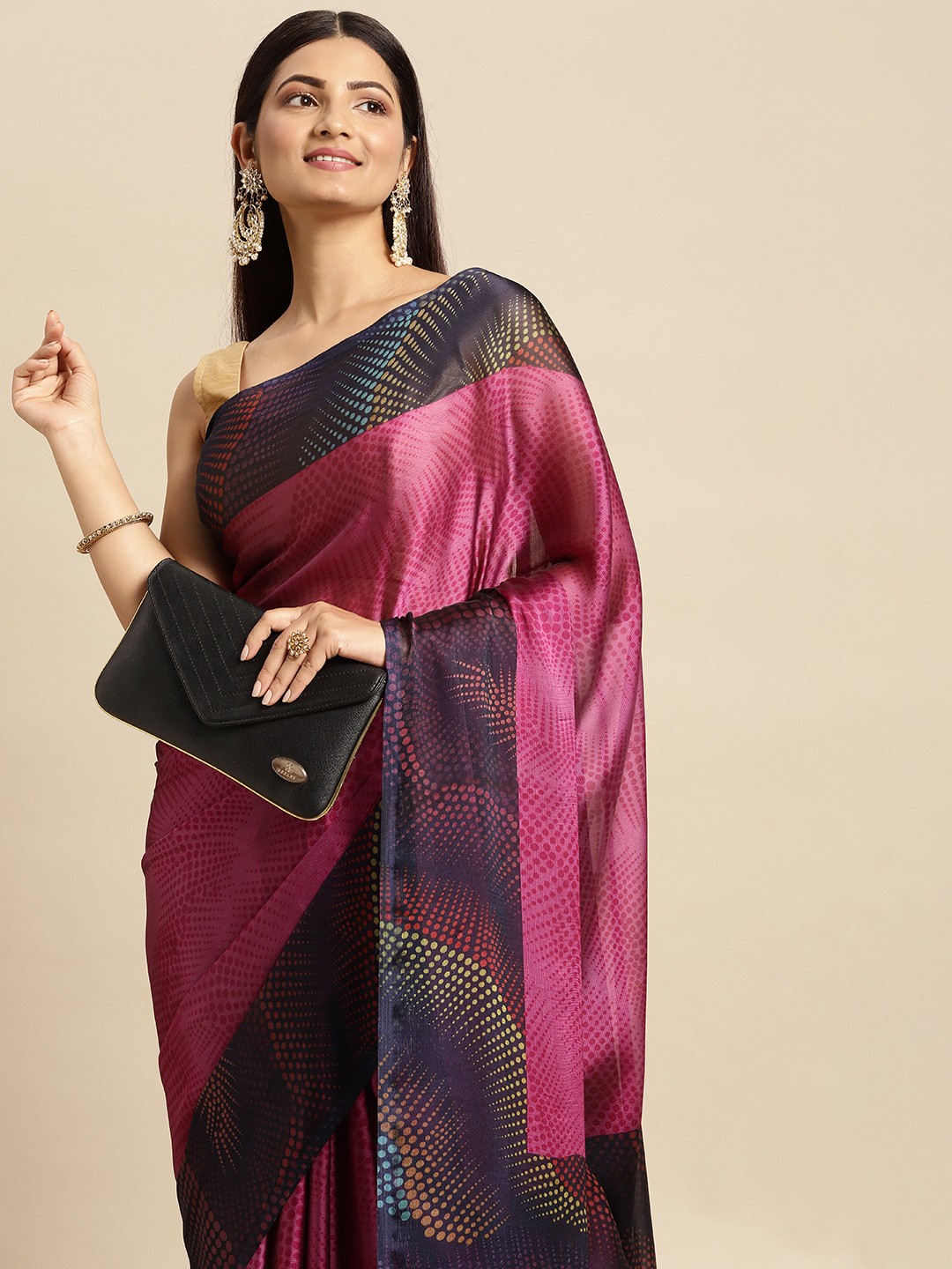 

RACHNA Pink & Navy Blue Geometric Print Brasso Saree