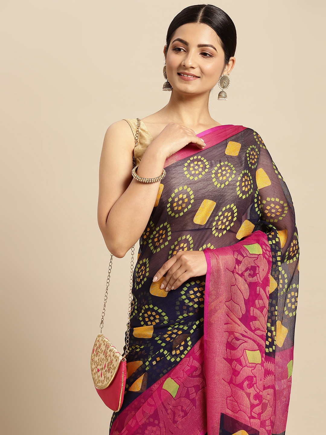 

RACHNA Navy Blue & Yellow Ethnic Motifs Printed Brasso Saree