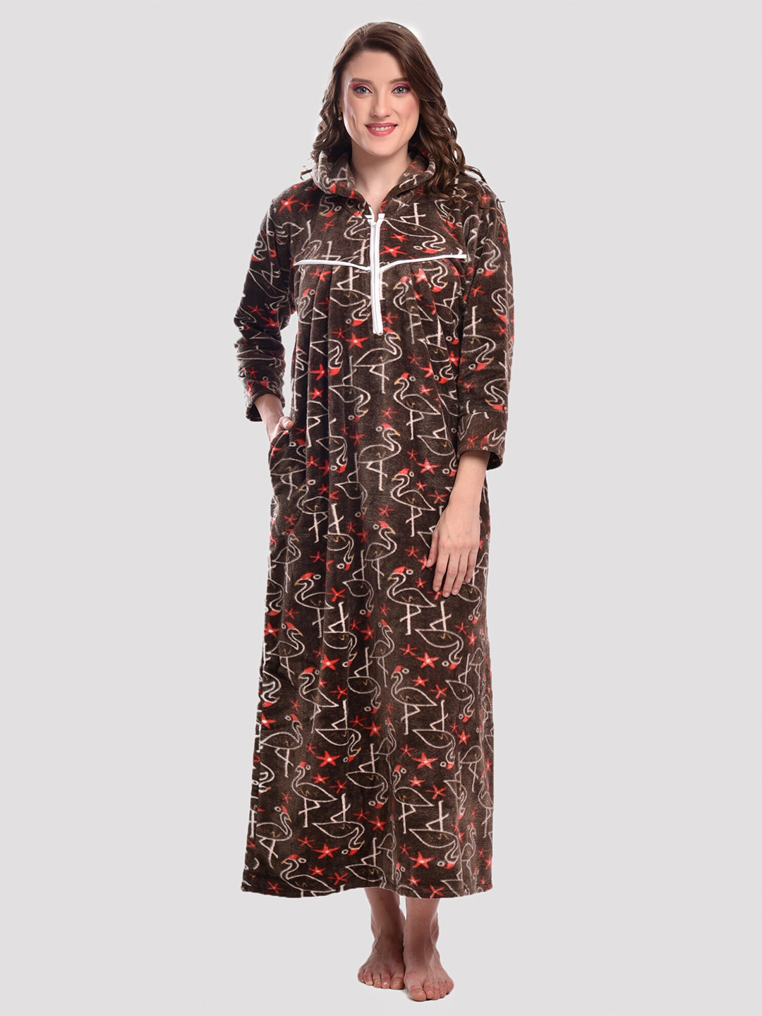 

CIERGE Brown Printed Hooded Maxi Nightdress