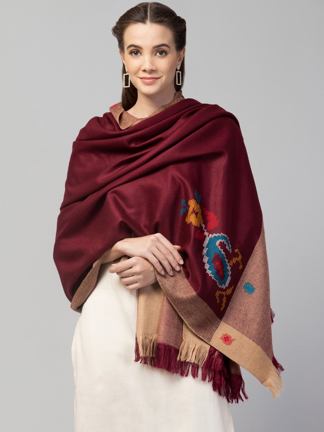 

Tweedle Women Burgundy Woven Design Woolen Shawl