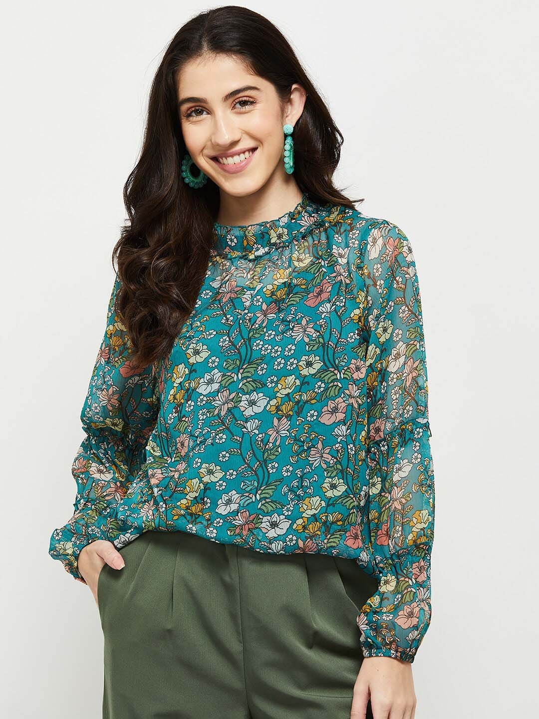 

max Women Blue Floral Print Blouson Top
