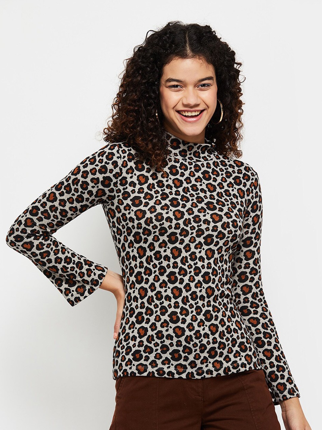 

max Women Grey & Brown Animal Print Top