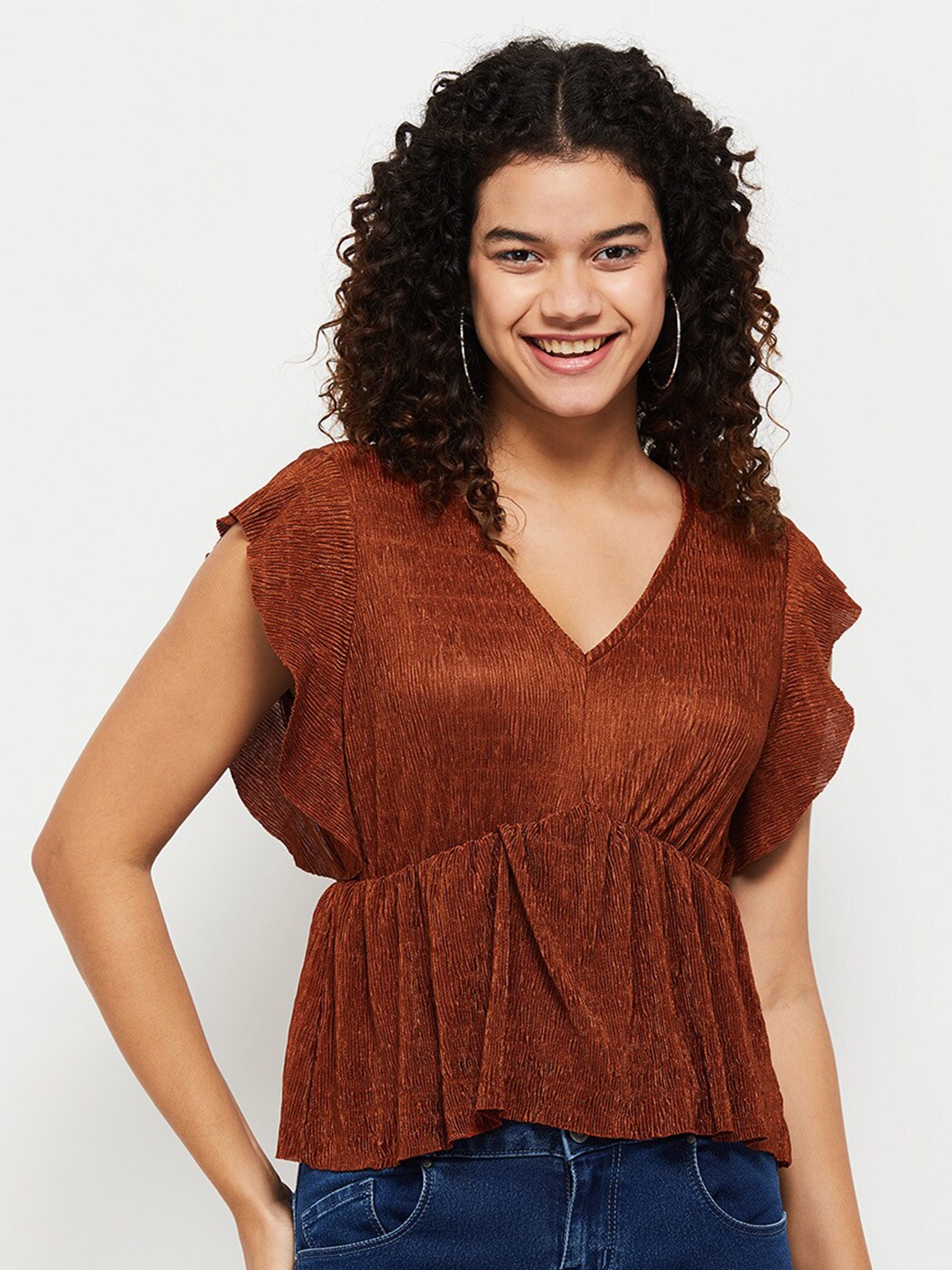 

max Brown Solid Cinched Waist Top